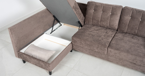 Диван-кровать угловой Арно ТД 564 велюр Лаки 06 коричневый перламутр, Vertical 910 молочно-серый, сборка на любую сторону