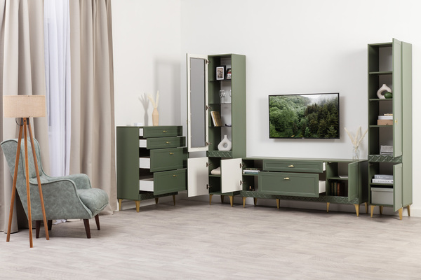 Комод Марион 16.249 дымчатый зеленый K521, олива шагрень AG 1050 ПВХ, белый PE шагрень