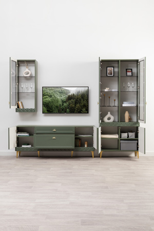 Гостиная Марион композиция 2 дымчатый зеленый K521, олива шагрень AG 1050 ПВХ, белый PE шагрень (собирается на любую сторону)