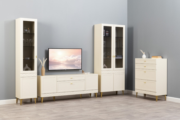 Гостиная Марион композиция 1 слоновая кость С341 PE, слоновая кость 6898 ПВХ, белый PE шагрень (собирается на любую сторону)