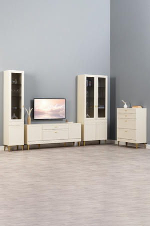 Гостиная Марион композиция 2 слоновая кость С341 PE, слоновая кость 6898 ПВХ, белый PE шагрень (собирается на любую сторону)