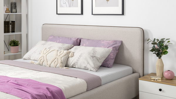 Кровать Миа 160 рогожка светло-бежевый, кант желтовато-коричневый с ортопедическим основанием и подъемным механизмом