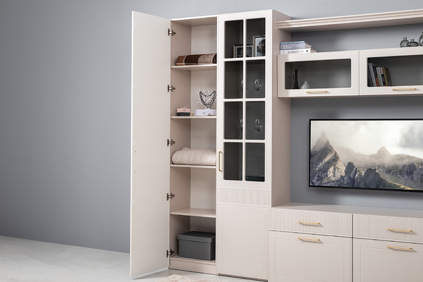 Гостиная Ричфорд композиция 1 с карнизами, кашемир 5981 BS, моно керамика D166-2 ПВХ, белый PE шагрень (собирается на любую сторону)